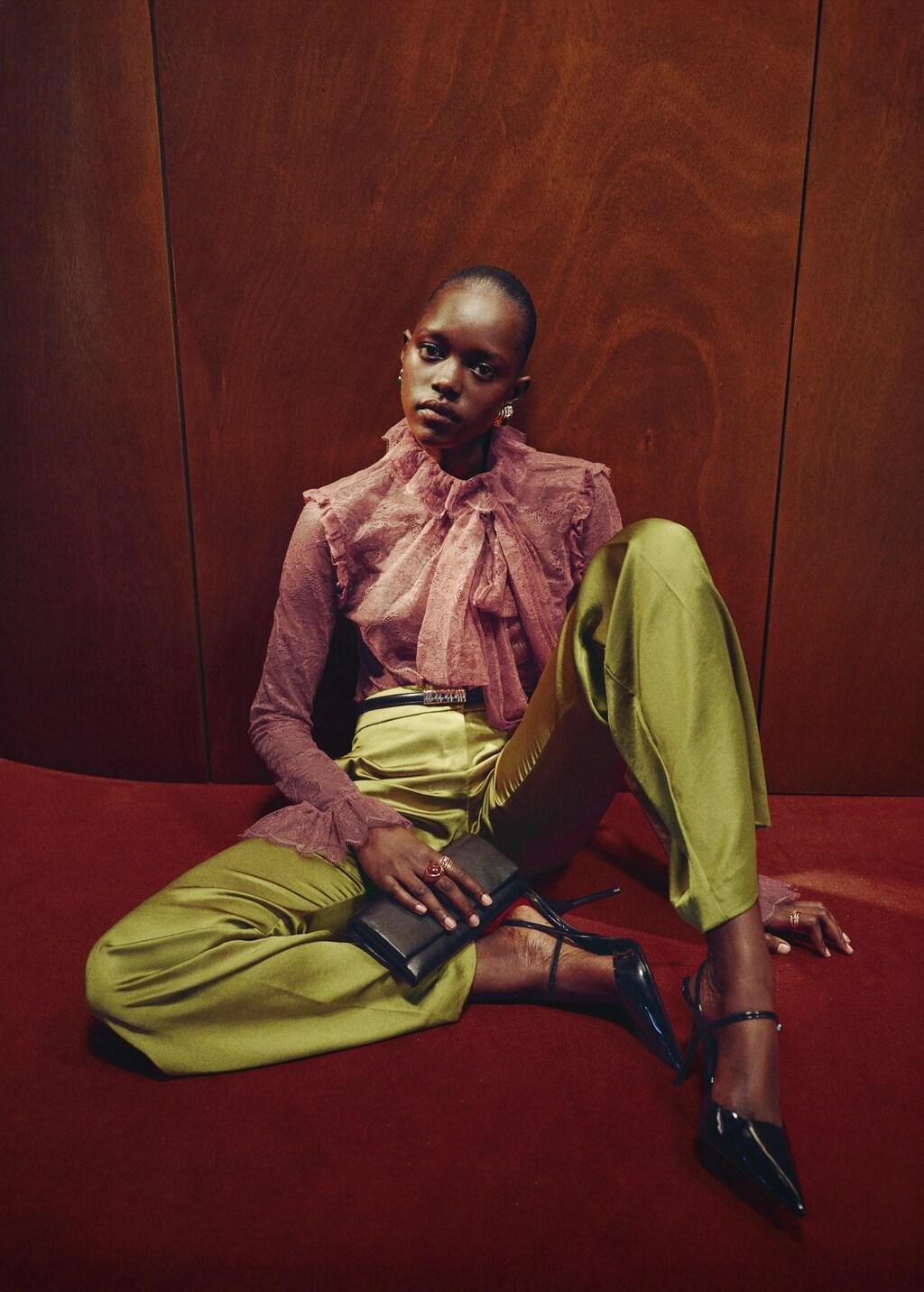 Yellow Satin Straight-Fit Trousers, Yellow, large image number 6