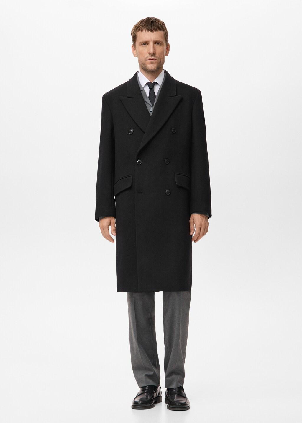 Black Long Double-Breasted Wool Coat, Black, large image number 0