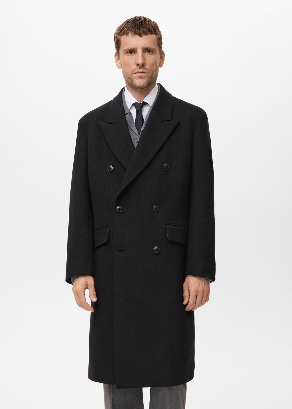 Black Long Double-Breasted Wool Coat, Black, large image number 3