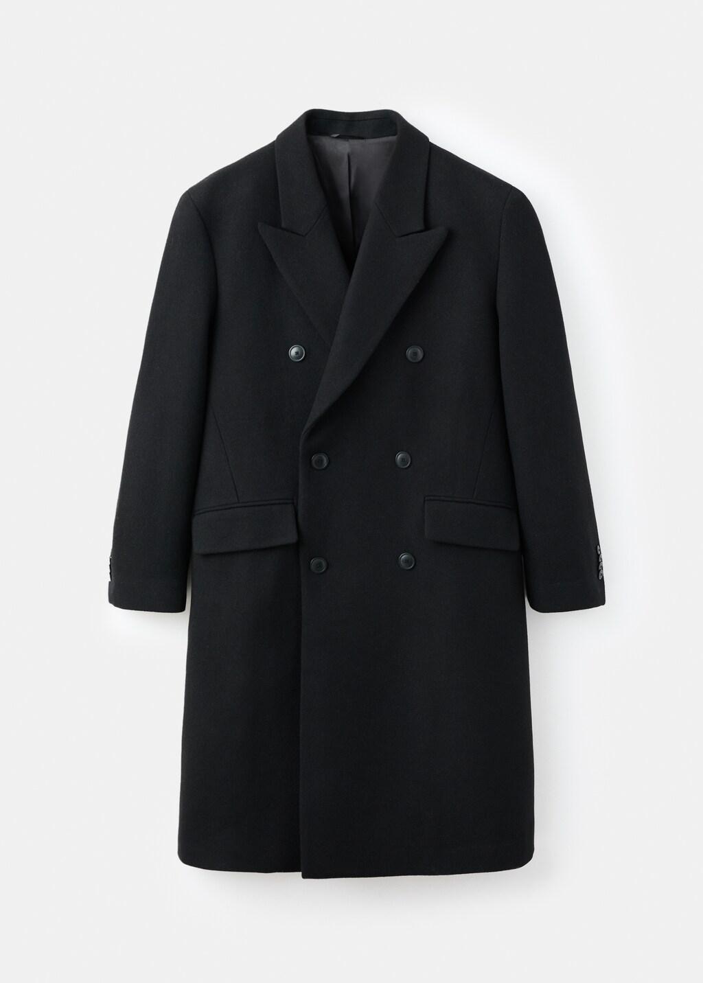Black Long Double-Breasted Wool Coat, Black, large image number 6