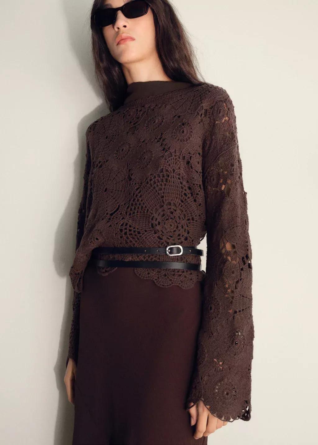 DARK BROWN Crochet sweater with flowers, , large image number 0
