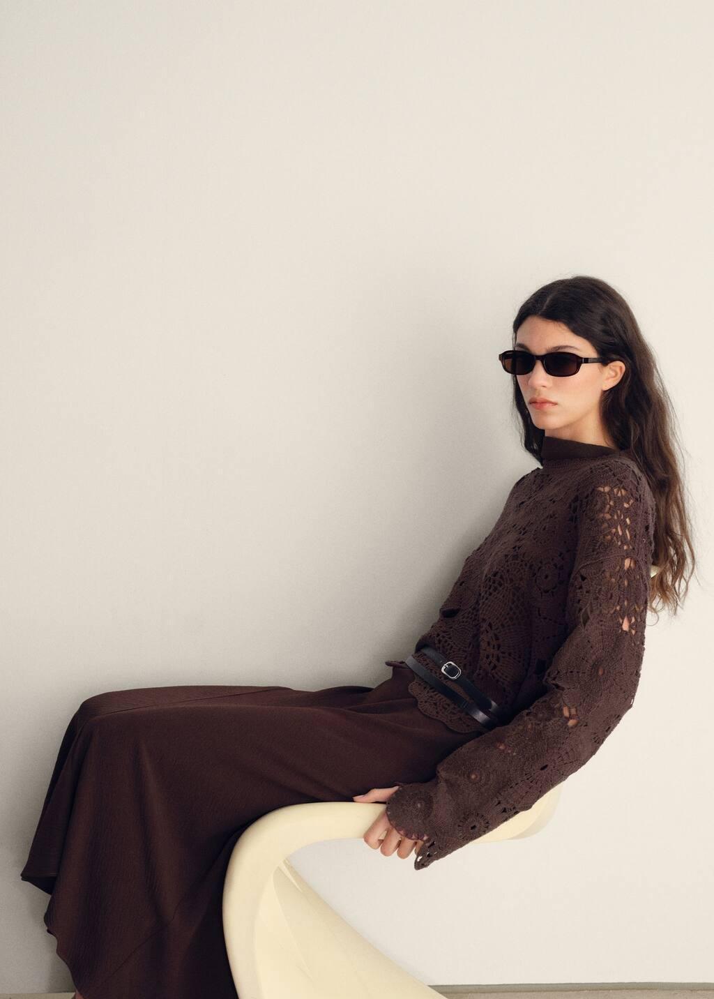 DARK BROWN Crochet sweater with flowers, , large image number 1