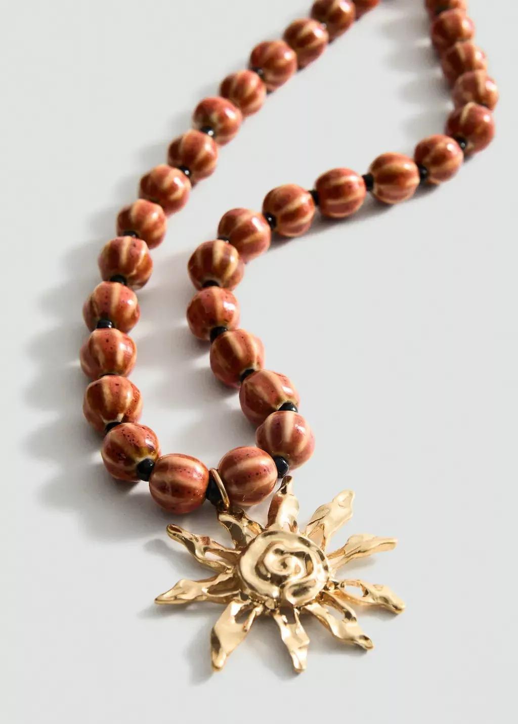 Orange Ceramic Ball Necklace With Sun Pendant, Orange, large image number 0