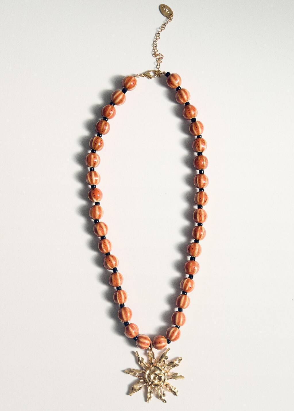 Orange Ceramic Ball Necklace With Sun Pendant, Orange, large image number 1