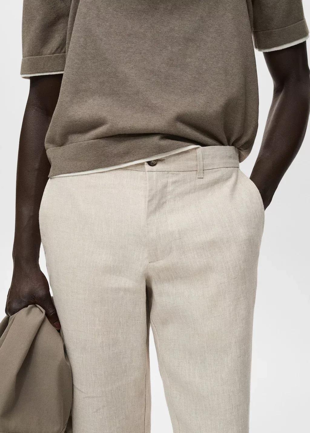 Ecru Slim-Fit Linen Trousers, Light Beige, large image number 1
