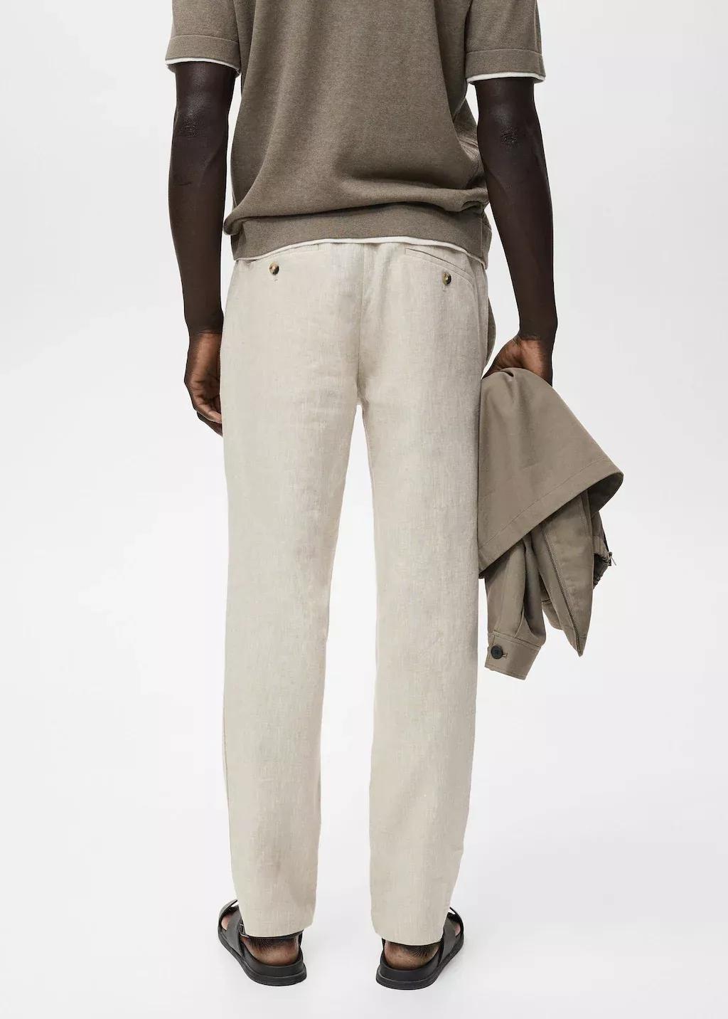 Ecru Slim-Fit Linen Trousers, Light Beige, large image number 6
