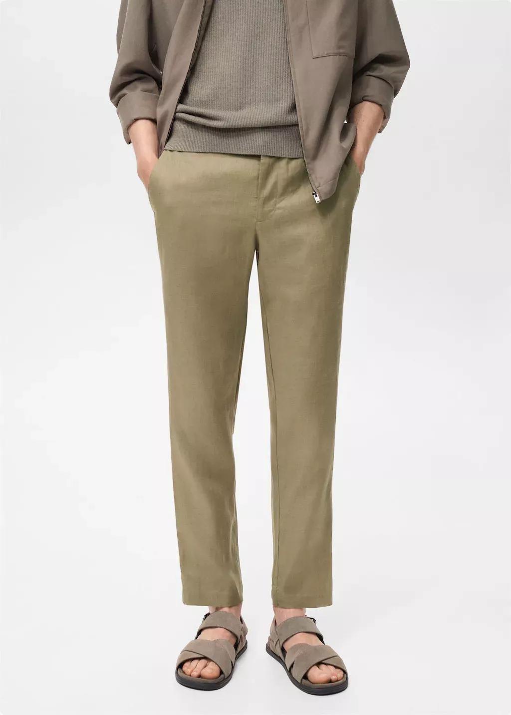 Khaki Slim-Fit Linen Trousers, Beige - Khaki, large image number 0