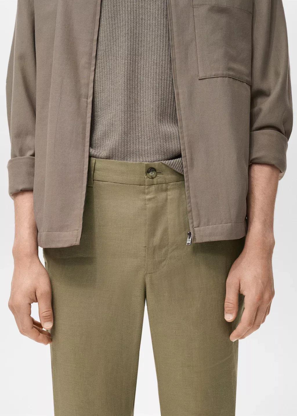 Khaki Slim-Fit Linen Trousers, Beige - Khaki, medium