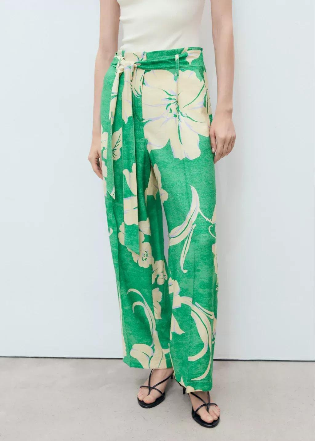 Green Printed Trousers With Belt, , large image number 0