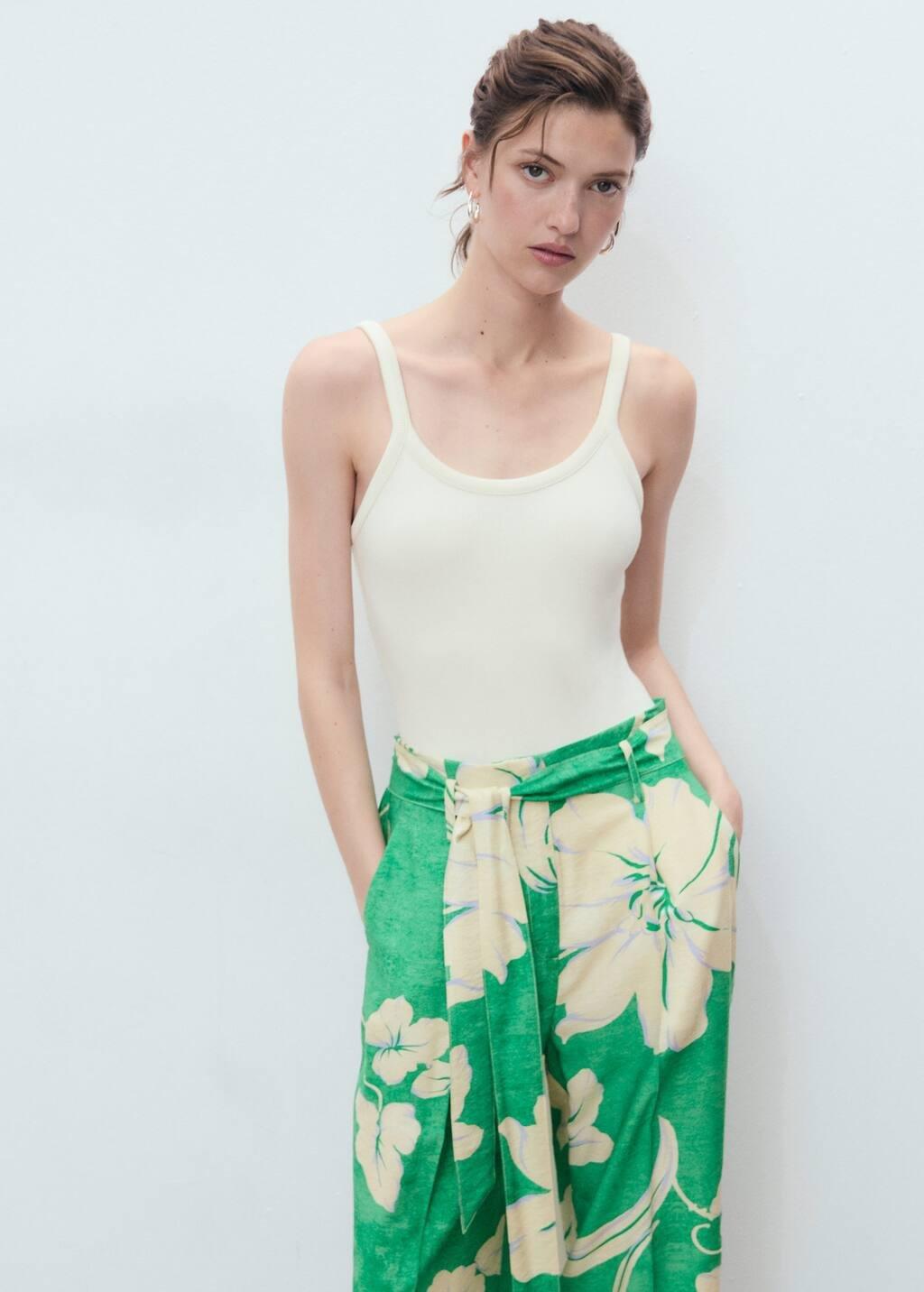 Green Printed Trousers With Belt, , large image number 1