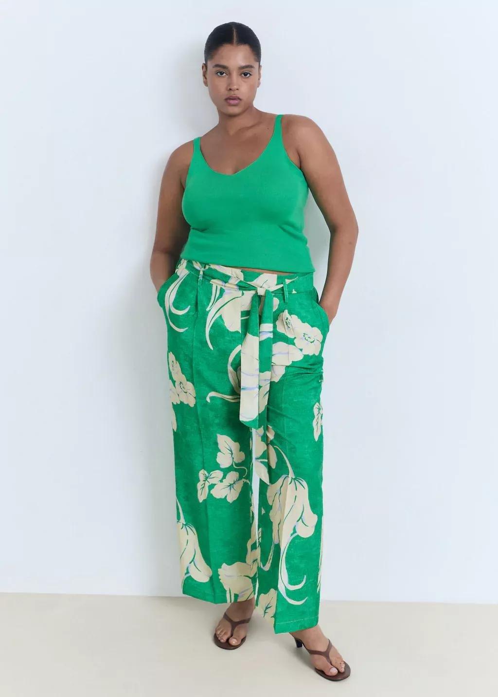 GREEN Printed trousers with belt, Green, medium