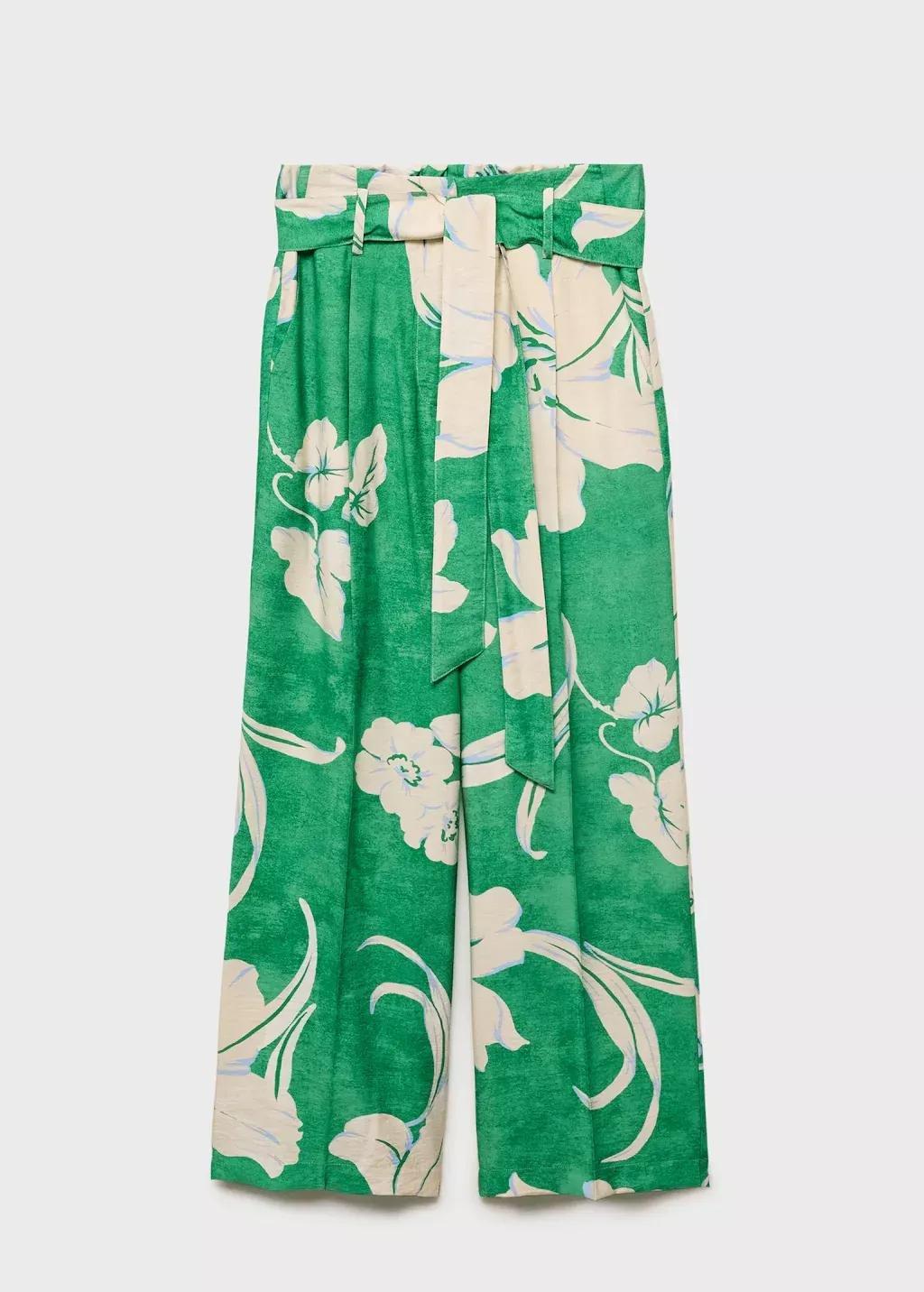Green Printed Trousers With Belt, , large image number 3