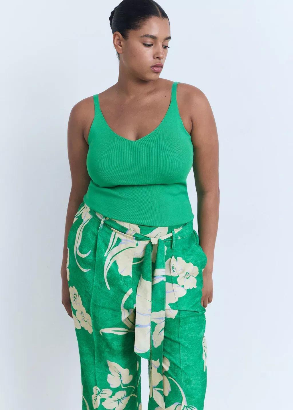 Green Printed Trousers With Belt, , large image number 5