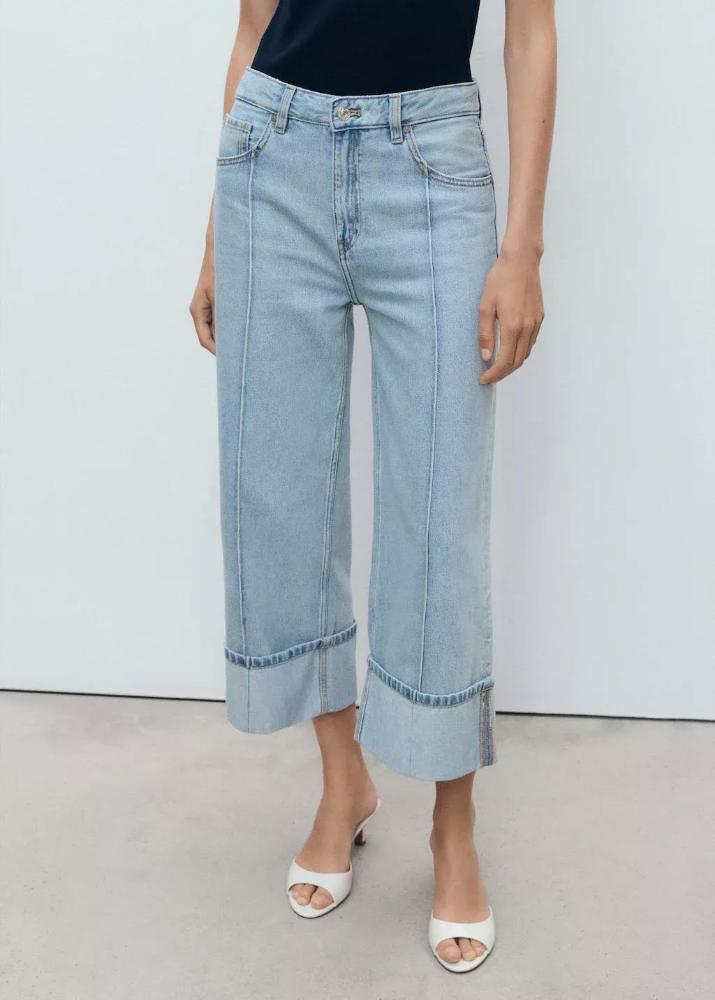 Blue Wide-Leg Cropped Jeans With Turned-Up Hem, , large image number 0