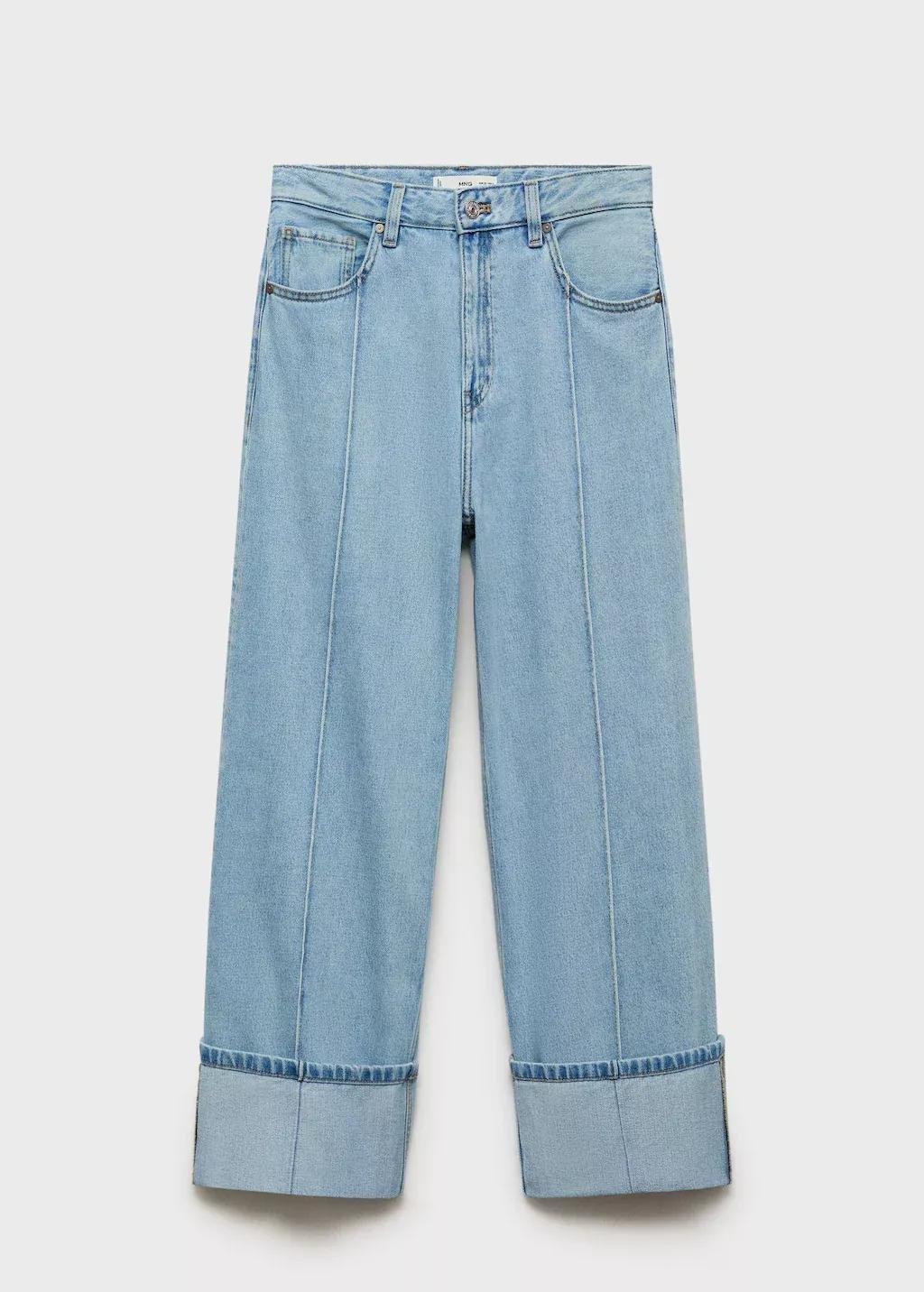 Blue Wide-Leg Cropped Jeans With Turned-Up Hem, , large image number 3