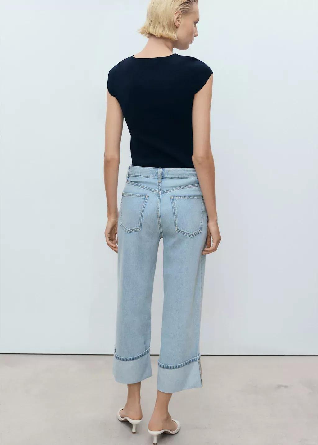 Blue Wide-Leg Cropped Jeans With Turned-Up Hem, , large image number 5