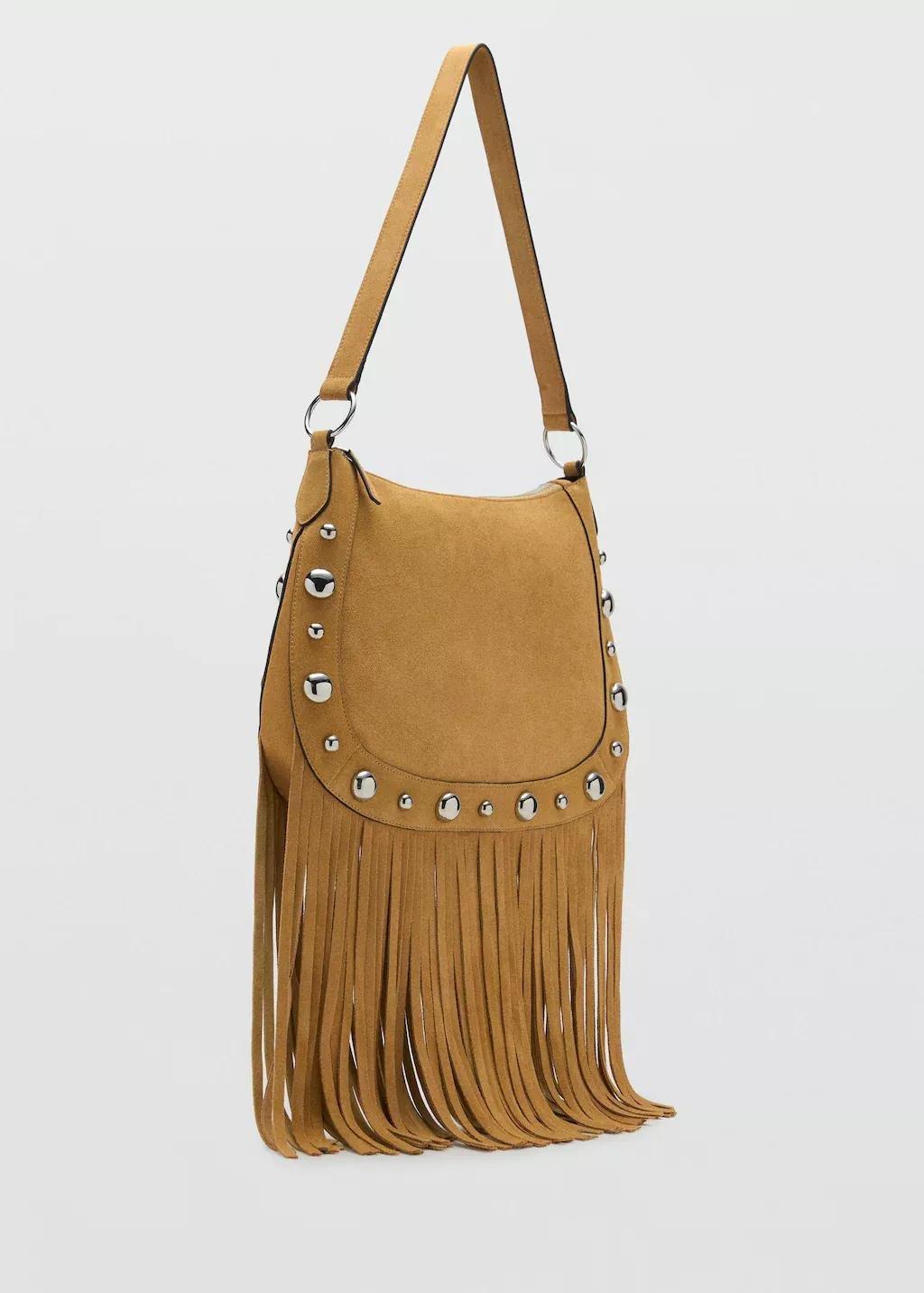 MEDIUM YELLOW Suede bag with fringes and stud details, Medium Yellow, large image number 0