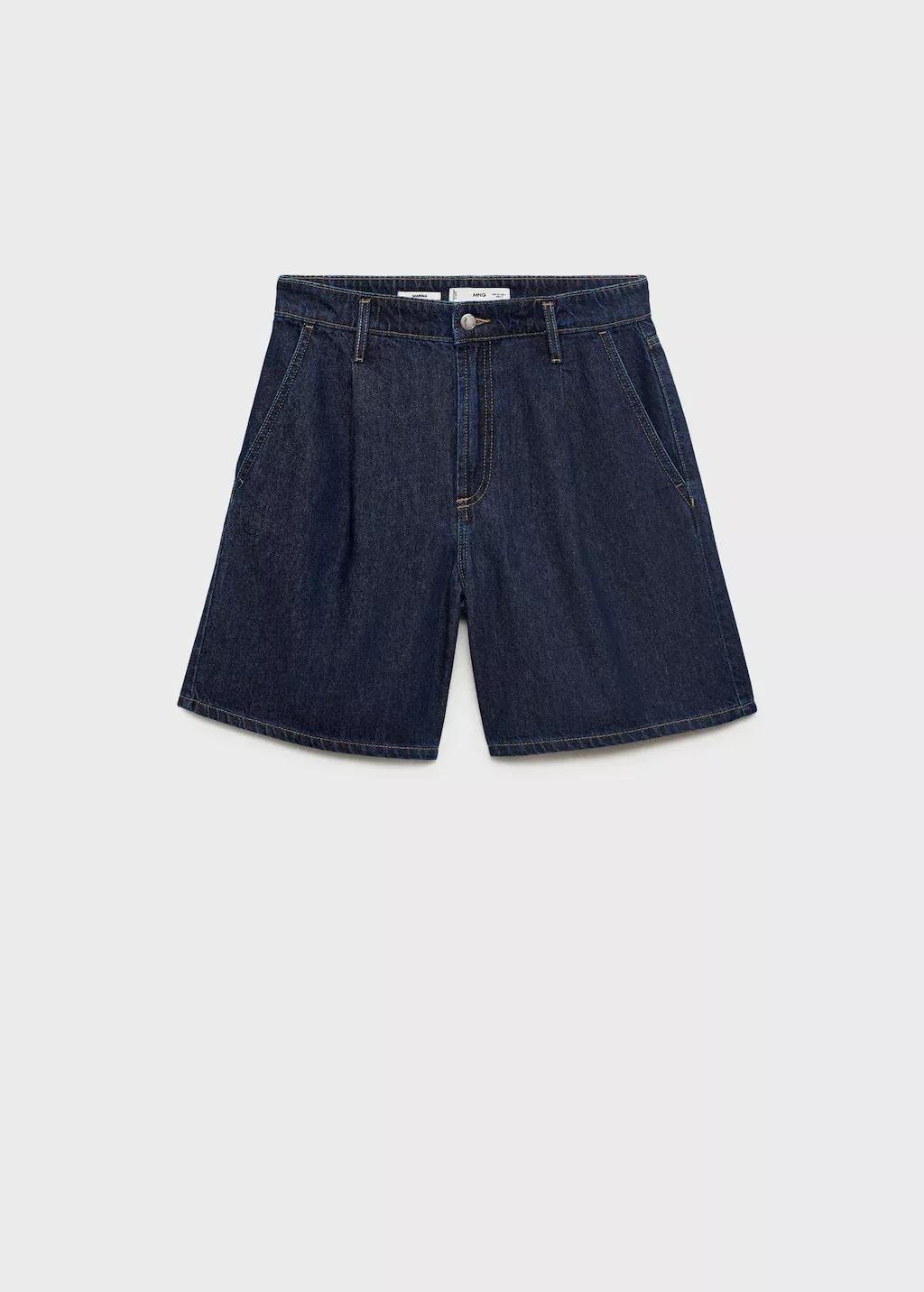 Navy Mid-Rise Denim Bermuda Shorts With Pleats, , large image number 3