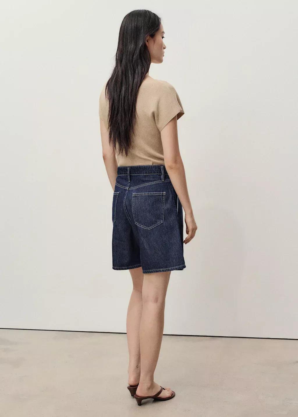 Navy Mid-Rise Denim Bermuda Shorts With Pleats, , large image number 4