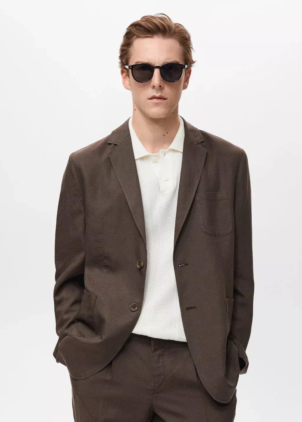 Brown Slim Fit Linen Suit Blazer, , large image number 0