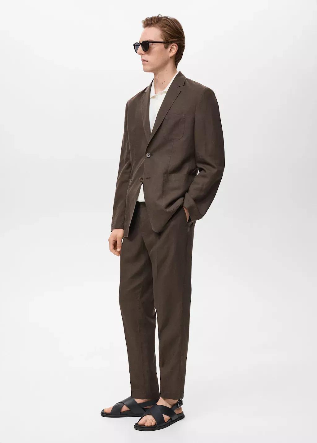 Brown Slim Fit Linen Suit Blazer, , large image number 2
