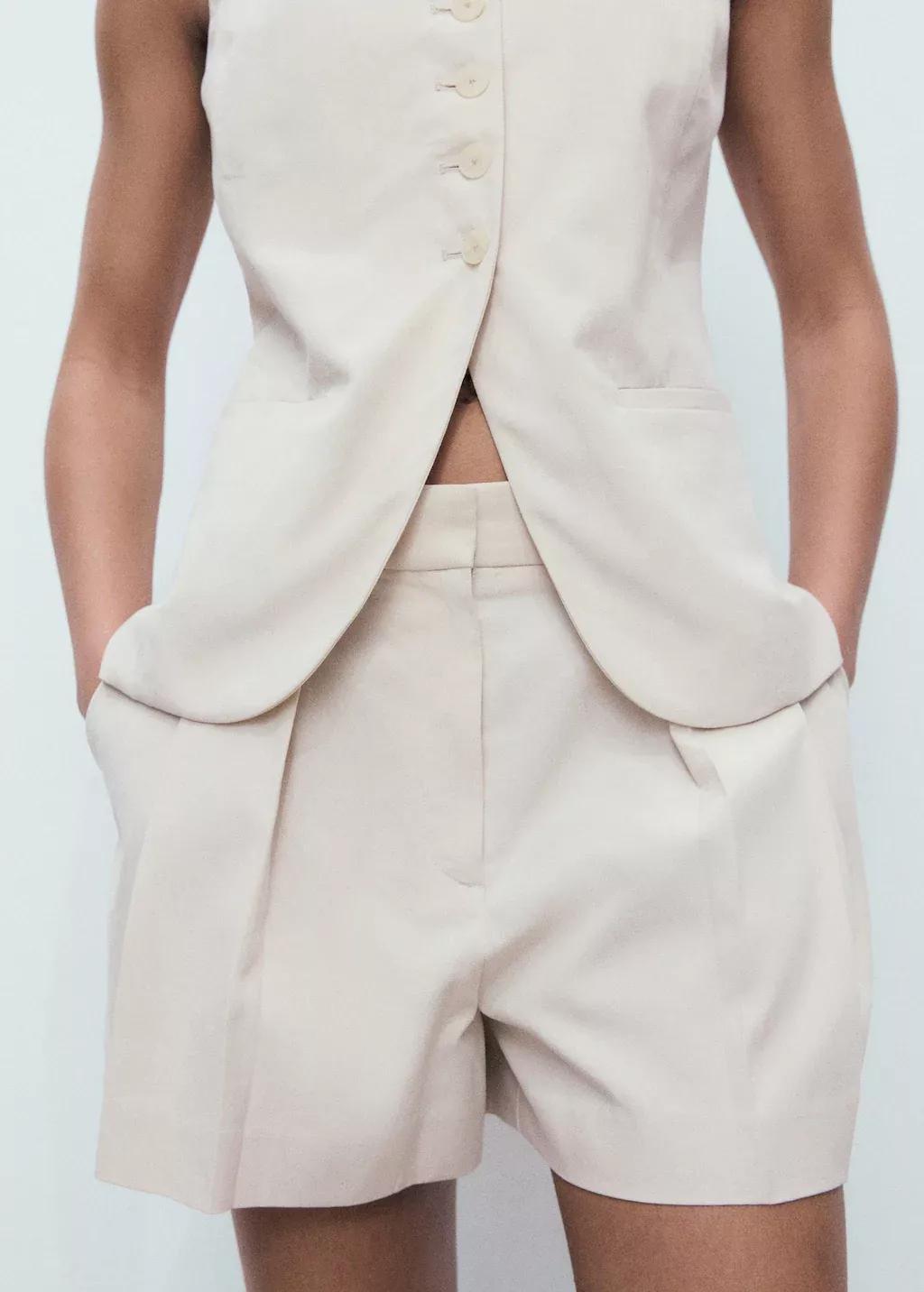 Beige Pleated Suit Shorts, , large image number 3