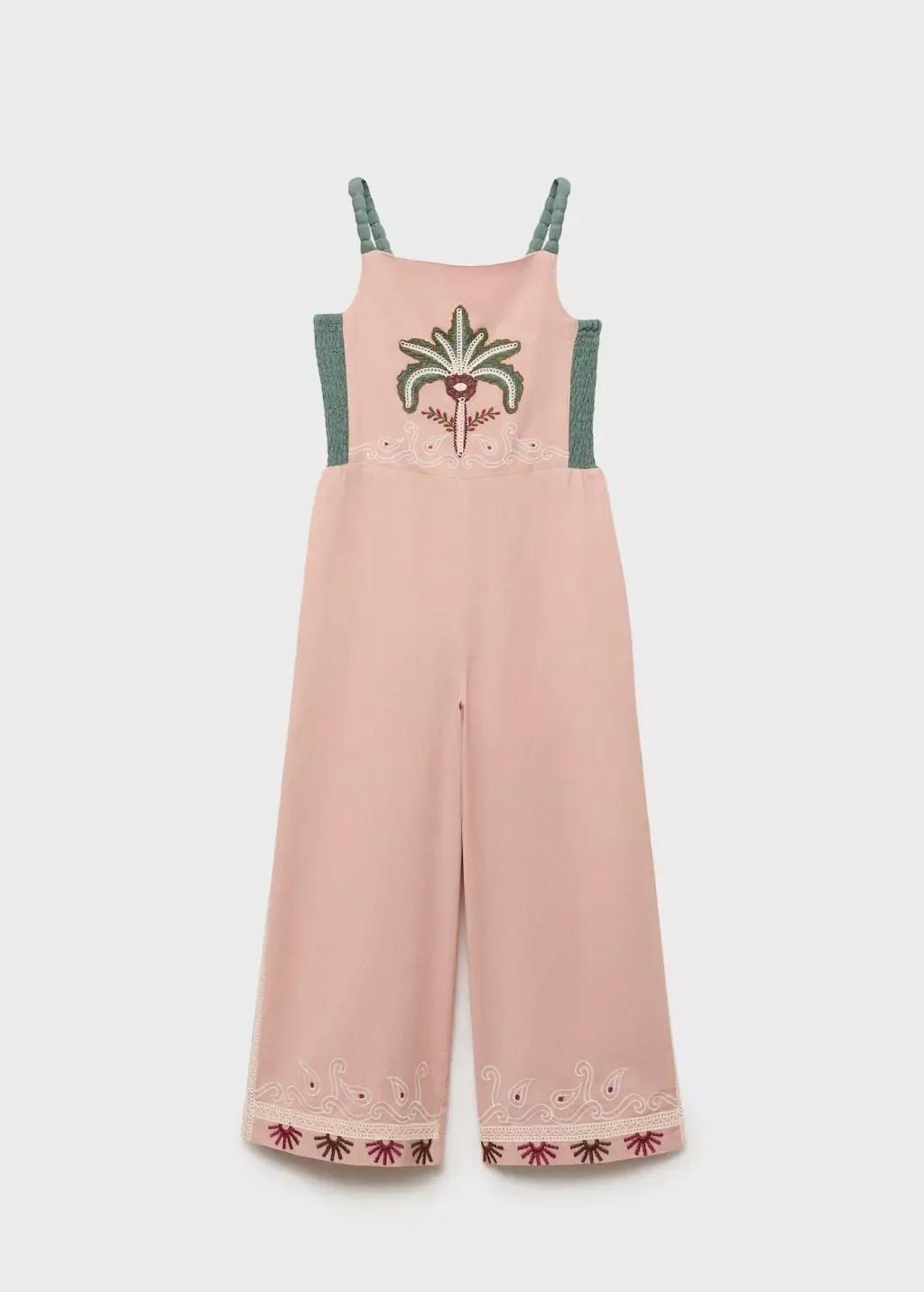 Pink Floral Embroidered Linen Playsuit, Kids Girls, , large image number 0