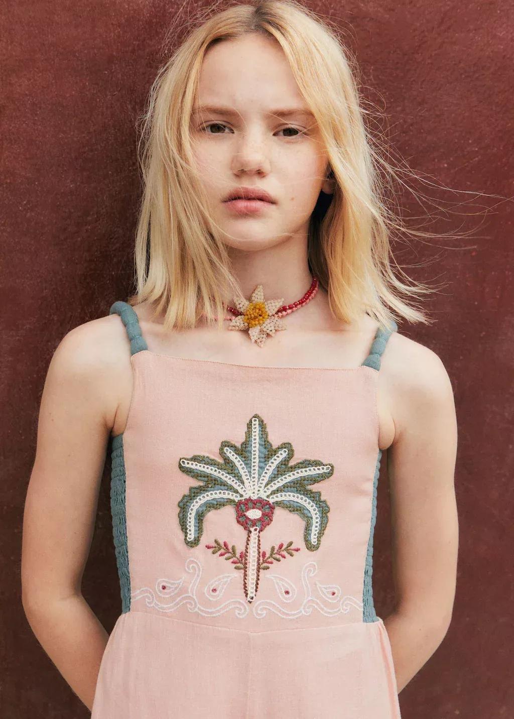 Pink Floral Embroidered Linen Playsuit, Kids Girls, , large image number 5