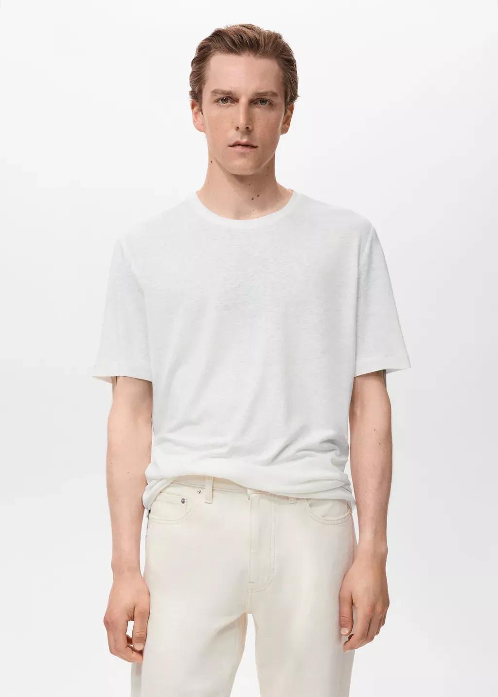 White Linen Slim-Fit T-Shirt, White, large image number 0