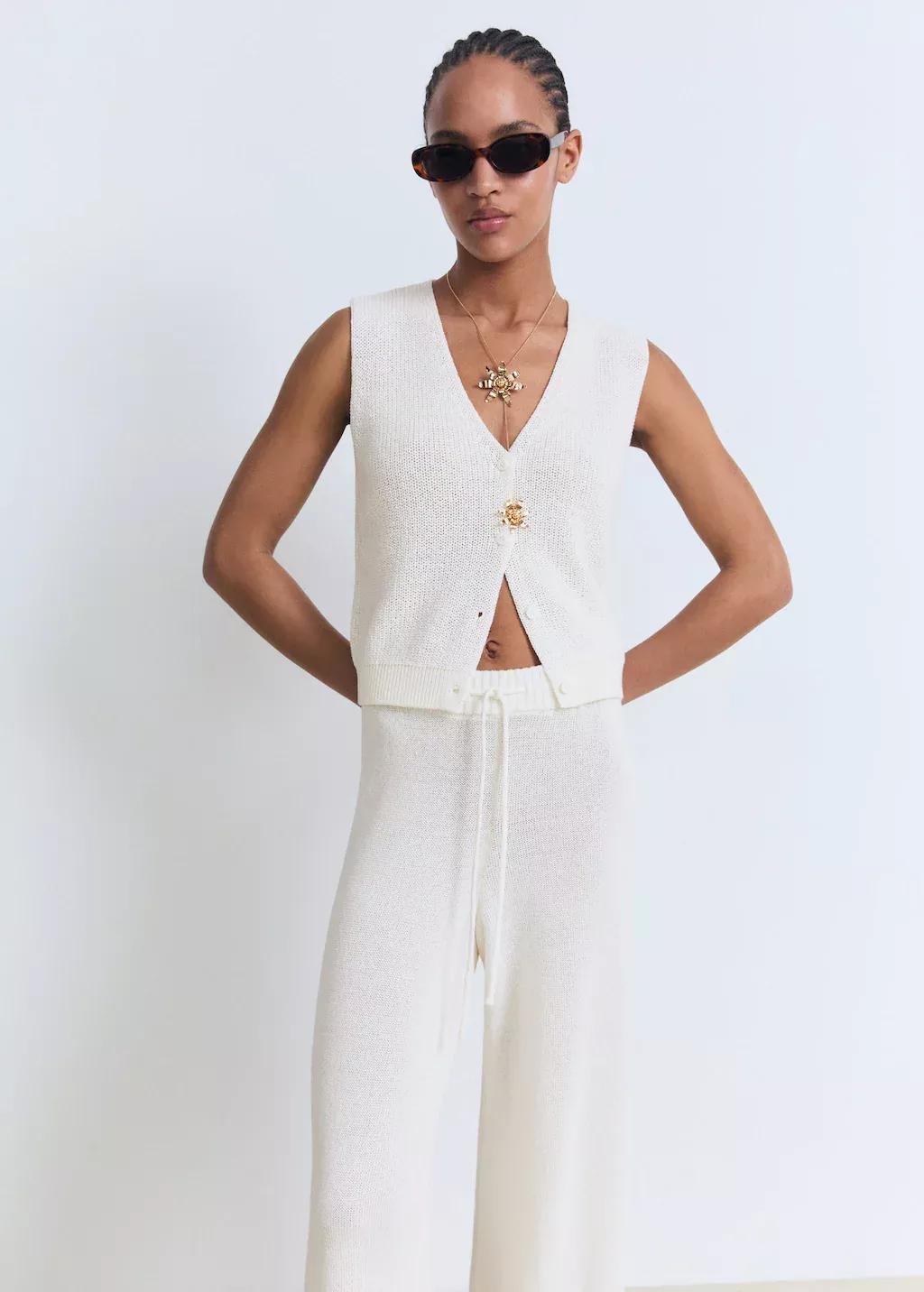 White Openwork Knitted Trousers, , large image number 1