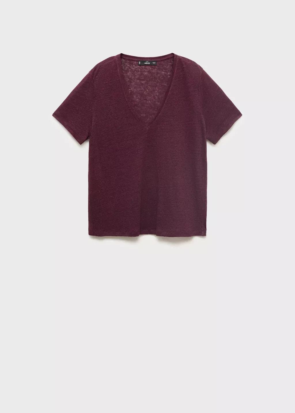 Burgundy V-Neck Linen T-Shirt, , large image number 0