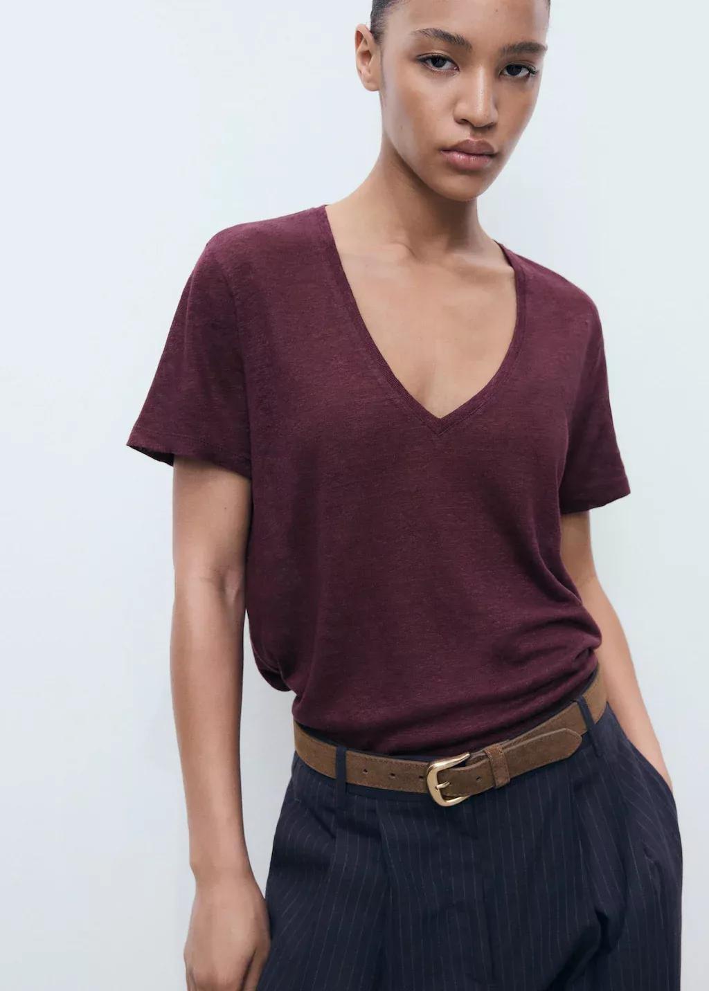 Burgundy V-Neck Linen T-Shirt, , large image number 1