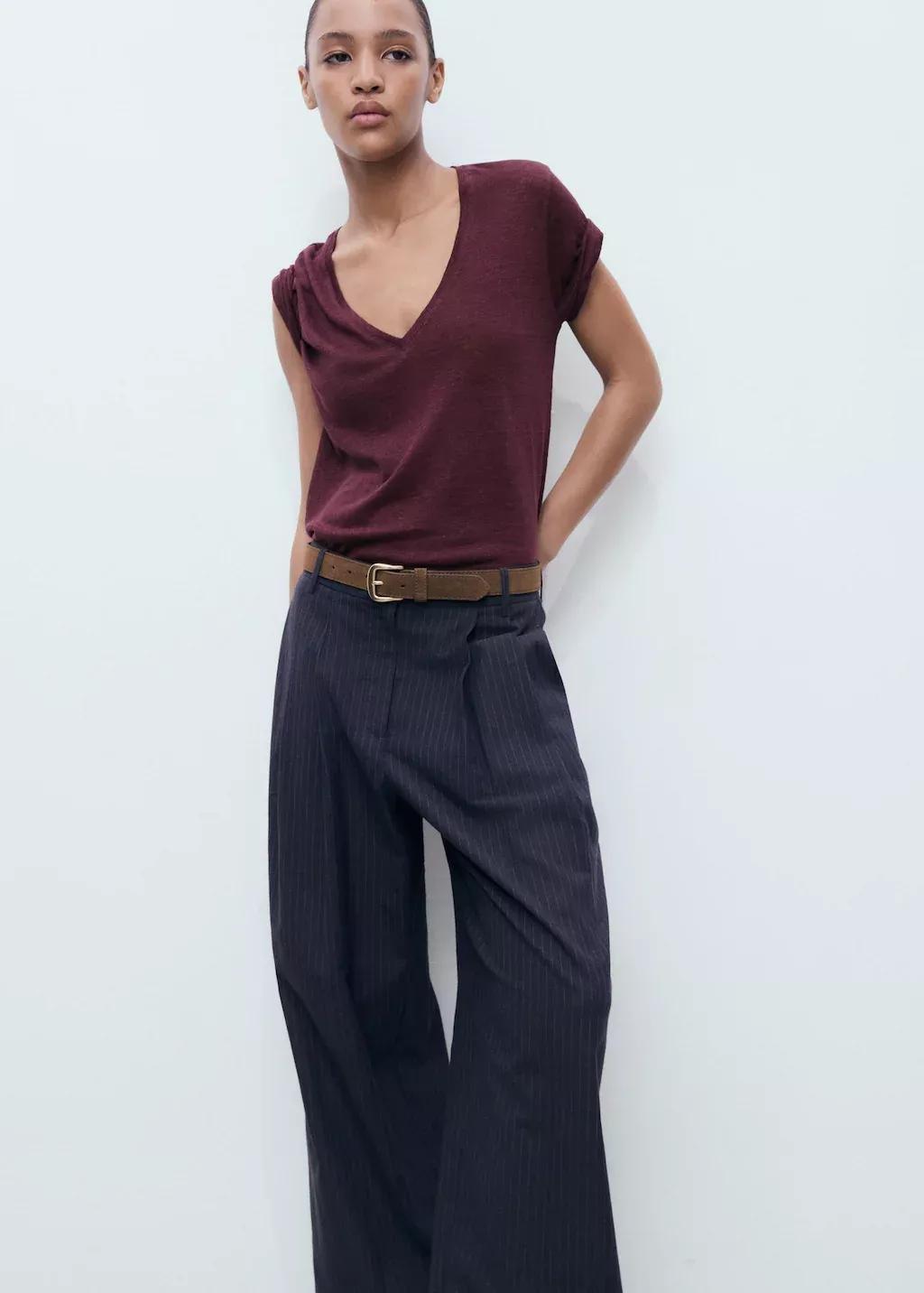 Burgundy V-Neck Linen T-Shirt, , large image number 3