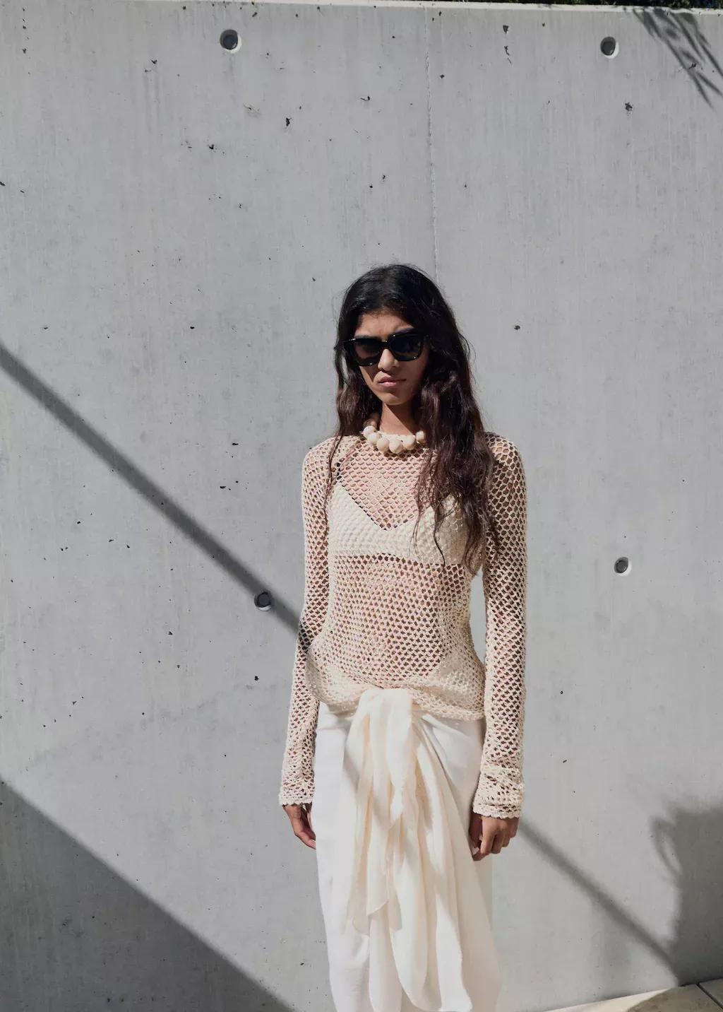 LIGHT BEIGE Long-sleeved crochet sweater, , large image number 0
