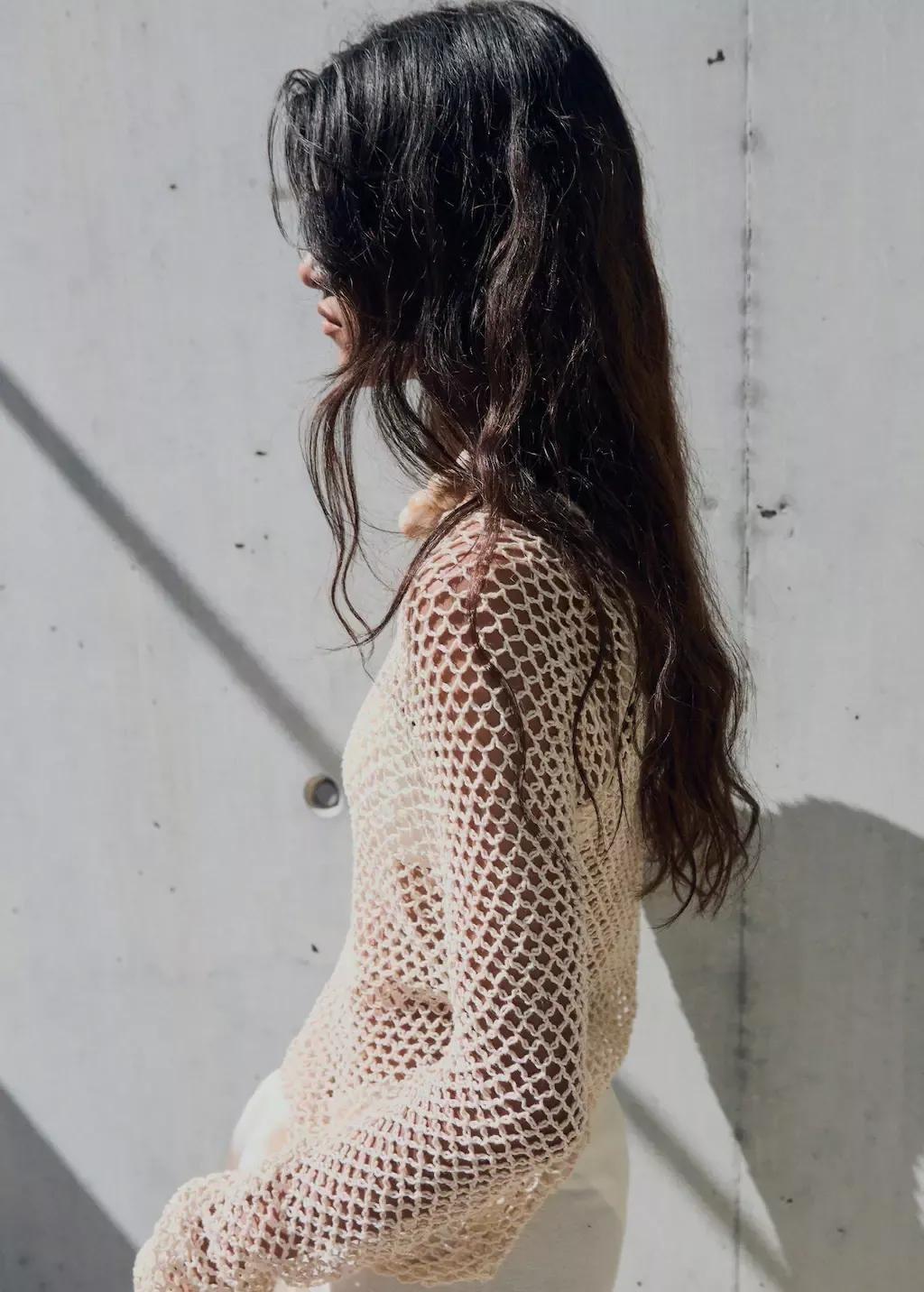 LIGHT BEIGE Long-sleeved crochet sweater, , large image number 1