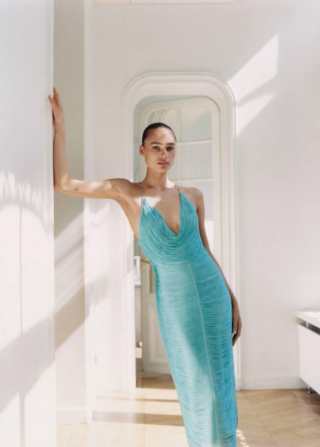 Turquoise Fringed Dress With Low Back, , large image number 2