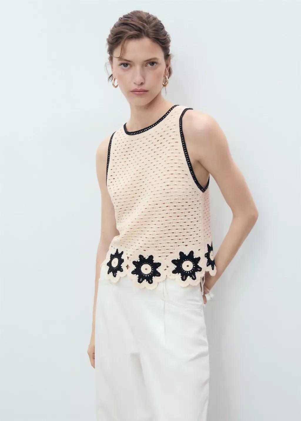Beige Crochet Top With Floral Finishes, , large image number 0