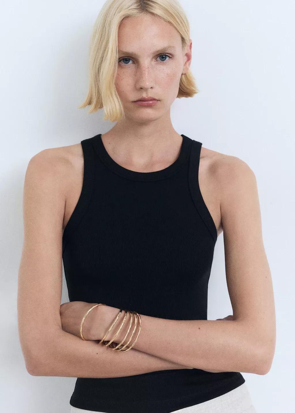 Black Ribbed Cotton-Blend Top, 0201_99, medium