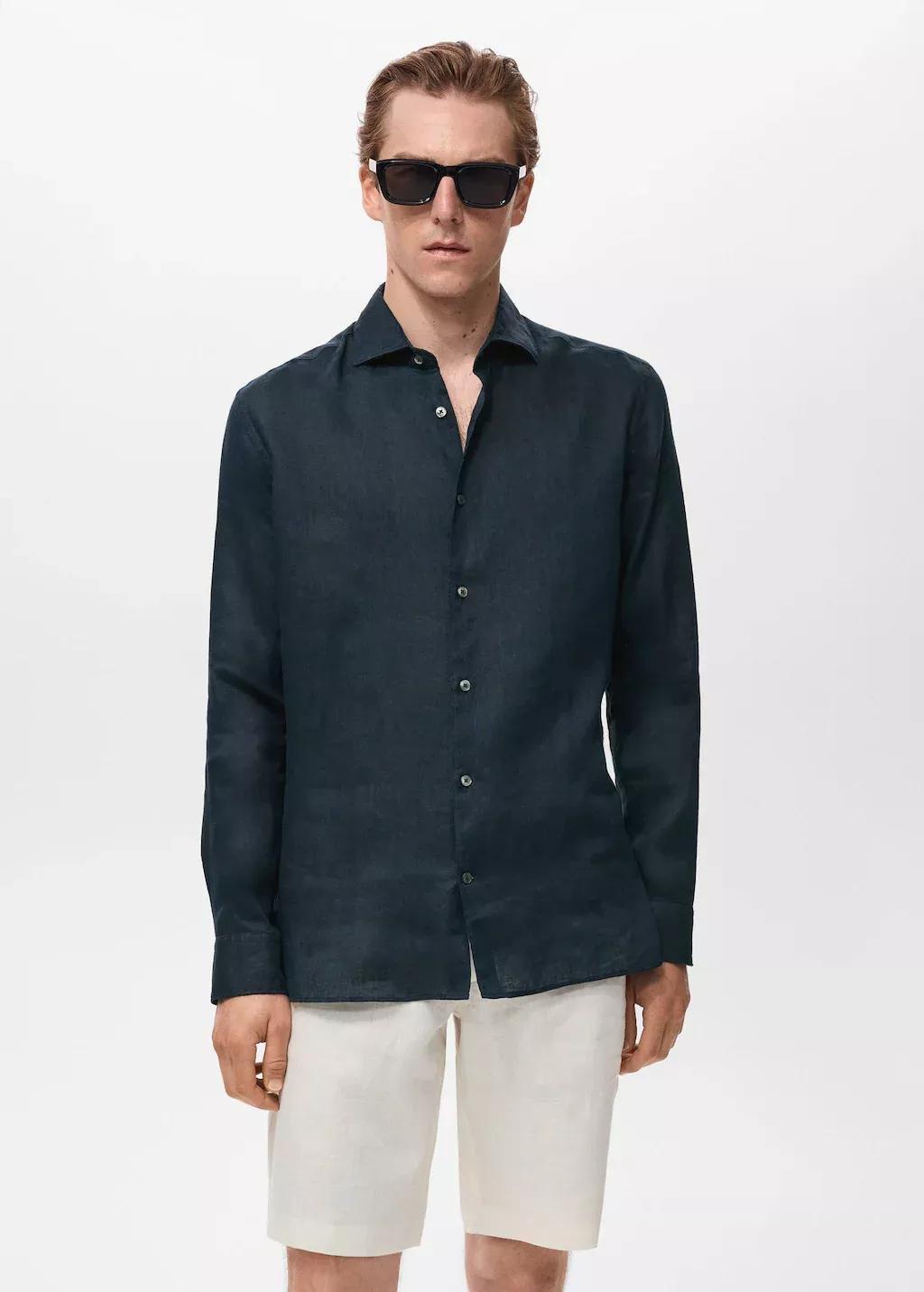 Navy Linen Slim-Fit Shirt, Navy, large image number 0