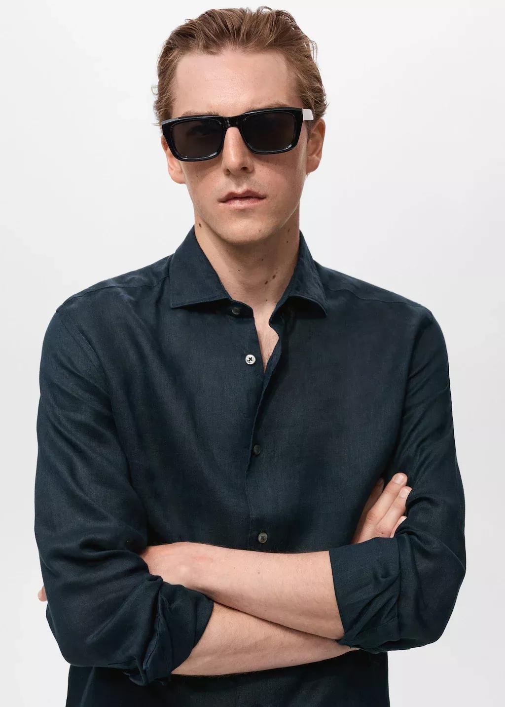 Navy Linen Slim-Fit Shirt, Navy, medium