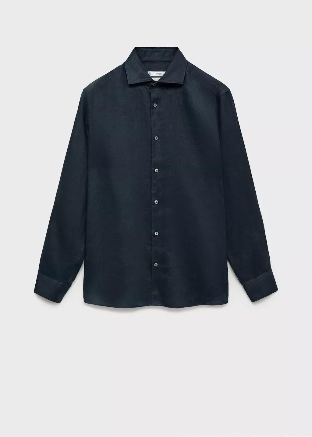 Navy Linen Slim-Fit Shirt, Navy, large image number 3