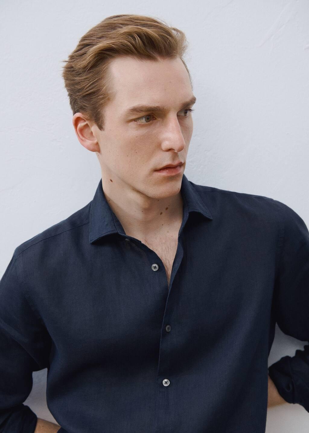 Navy Linen Slim-Fit Shirt, Navy, large image number 7