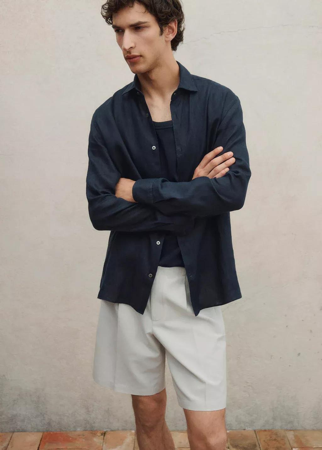 Navy Linen Slim-Fit Shirt, Navy, large image number 8