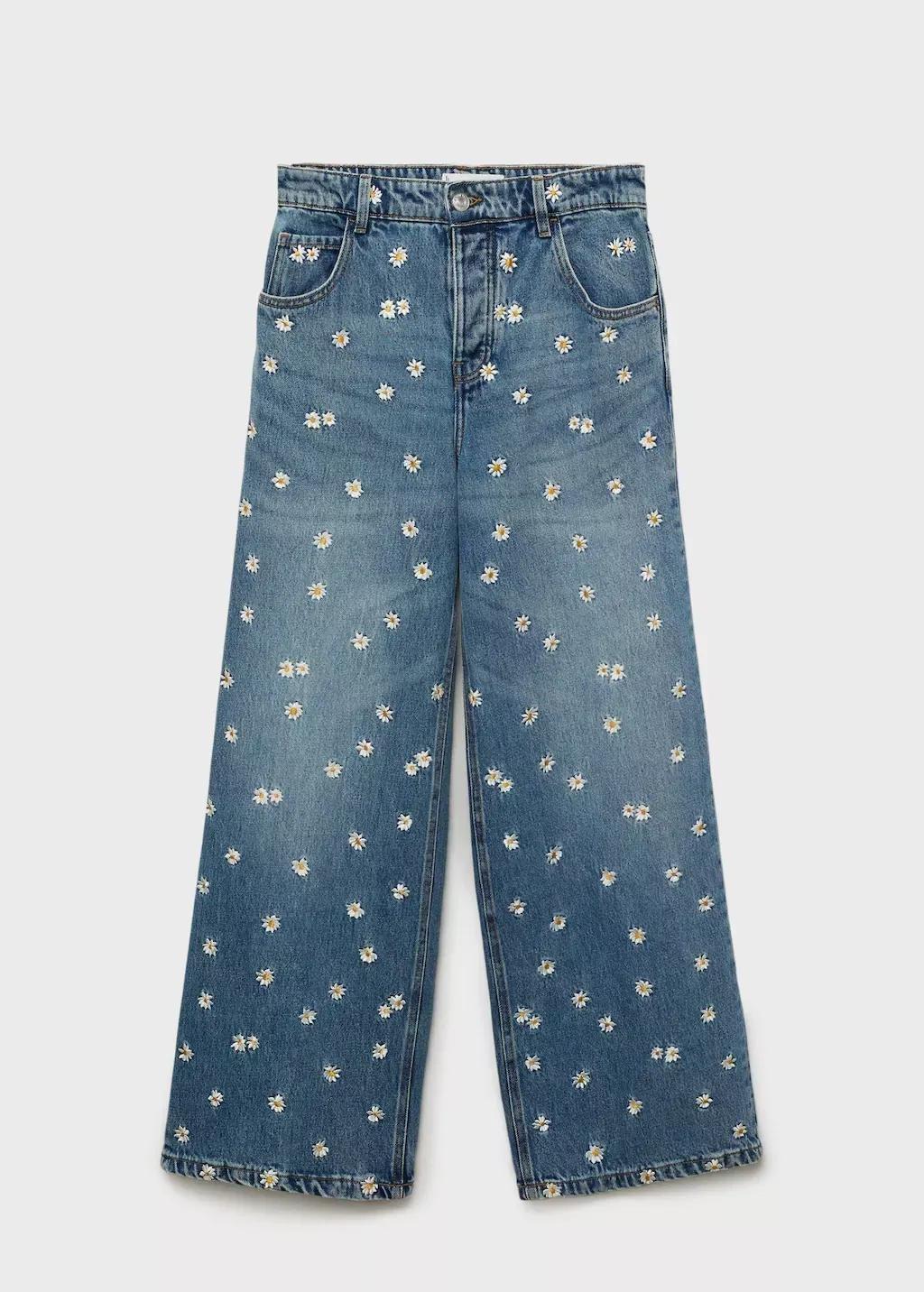 Blue Flower-Embroidered Wide-Leg Jeans, , large image number 0