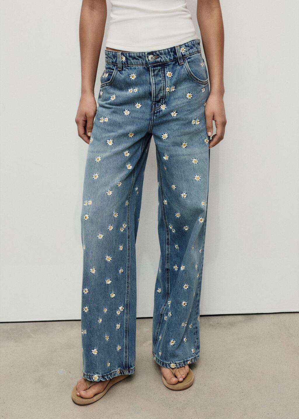 Blue Flower-Embroidered Wide-Leg Jeans, , large image number 1