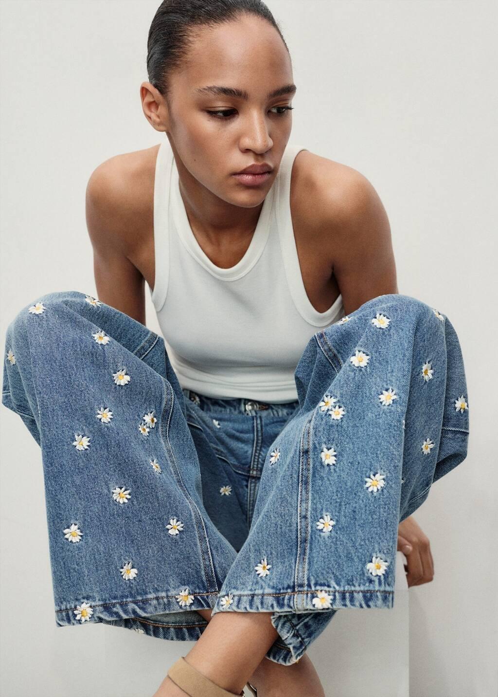 Blue Flower-Embroidered Wide-Leg Jeans, , large image number 3