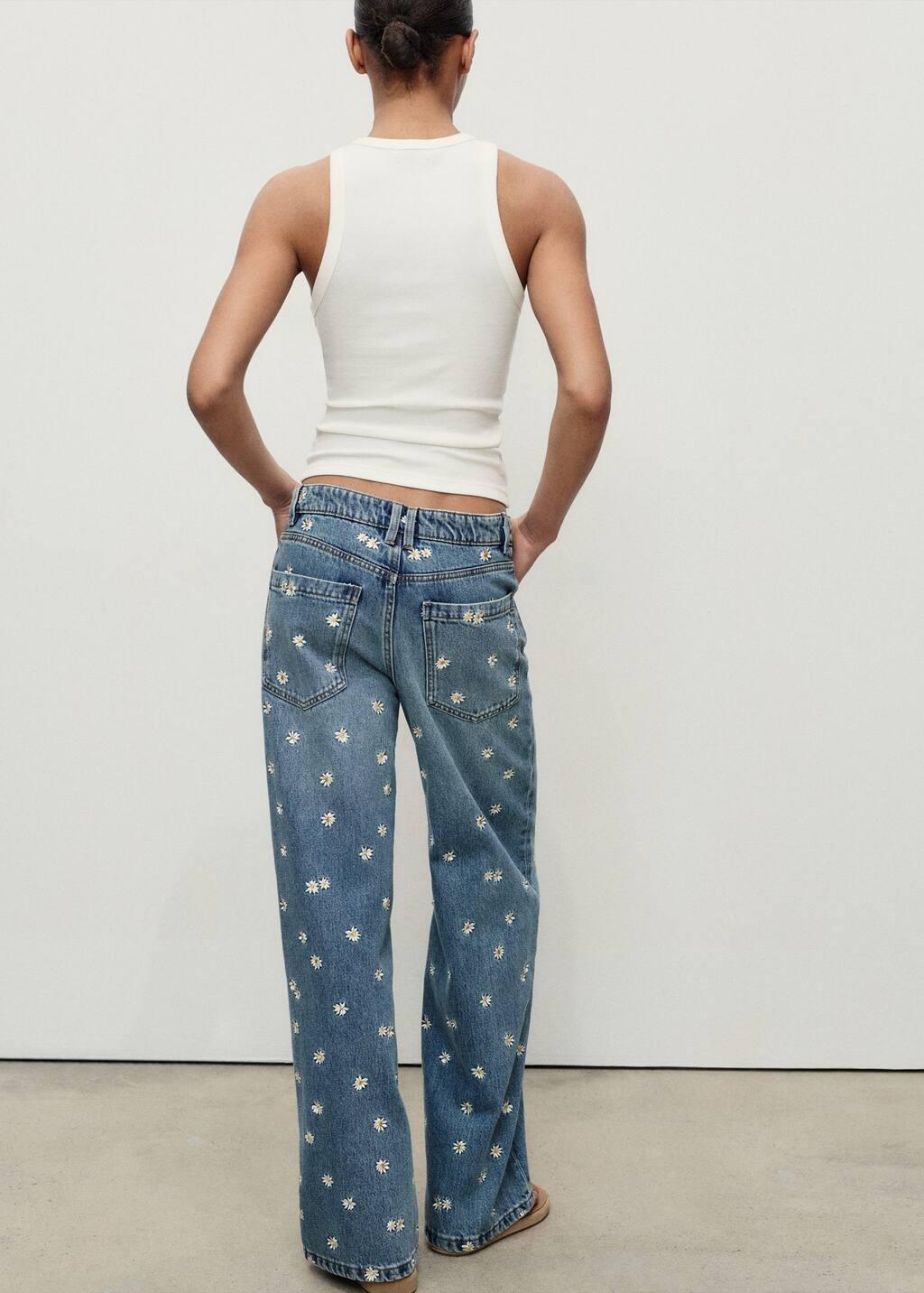 Blue Flower-Embroidered Wide-Leg Jeans, , large image number 5