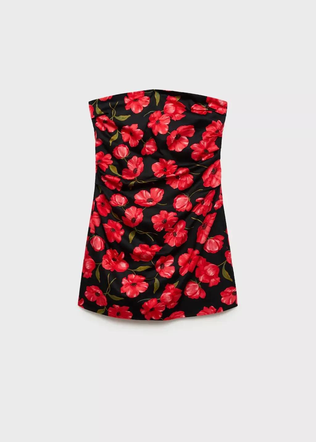 Black Strapless Floral Dress, , medium