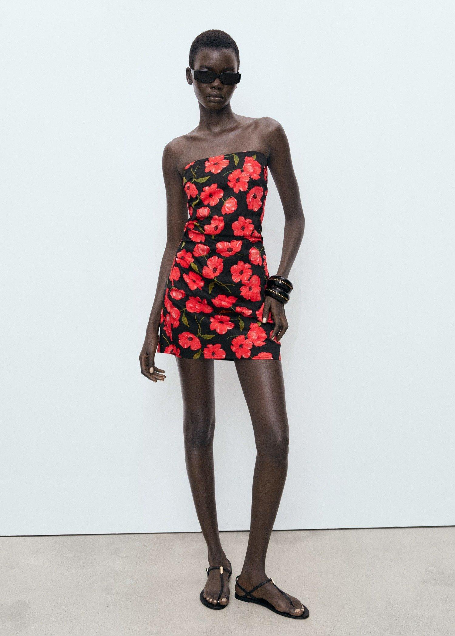 Black Strapless Floral Dress, Black, medium