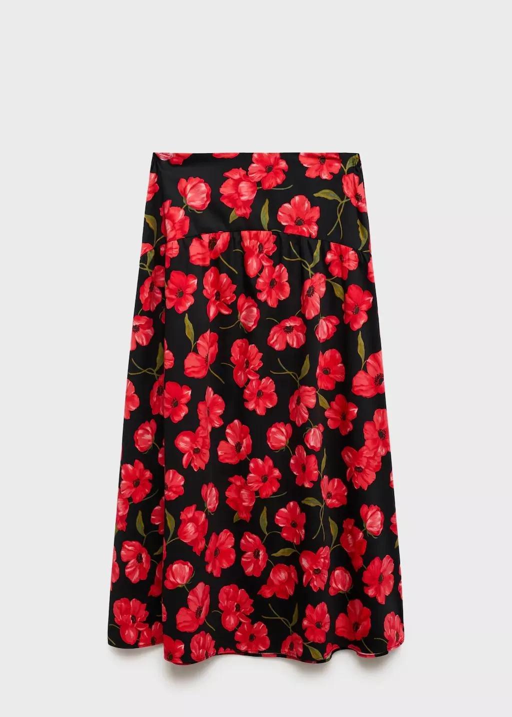 Black Floral-Print Flared Skirt, , large image number 0